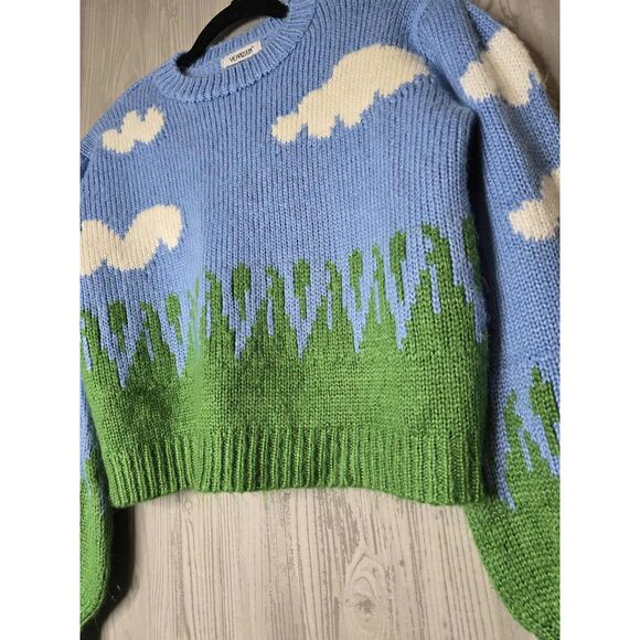 Whimsical Cloud & Grass Knit Sweater | Cropped Pullover | Fits S/M - Picture 4 of 5